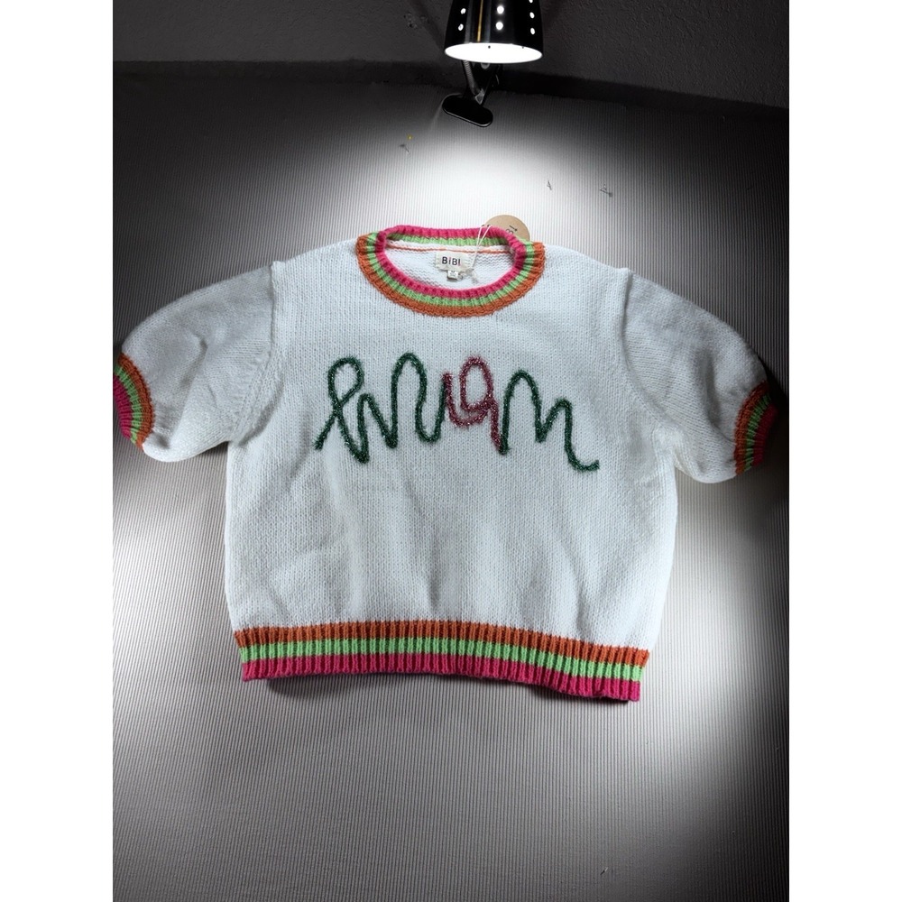 Bibi "Mom" Metallic Tinsel Puff Short Sleeve Sweater‎ M Colorful Boho Mom Wear